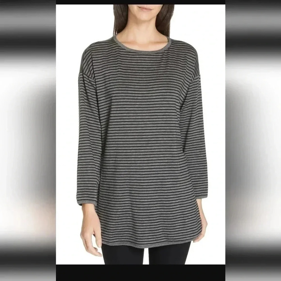 Eileen Fisher organic BOAT-NECK STRIPED TOP,  IN ASH/BLACK - Picture 1 of 8